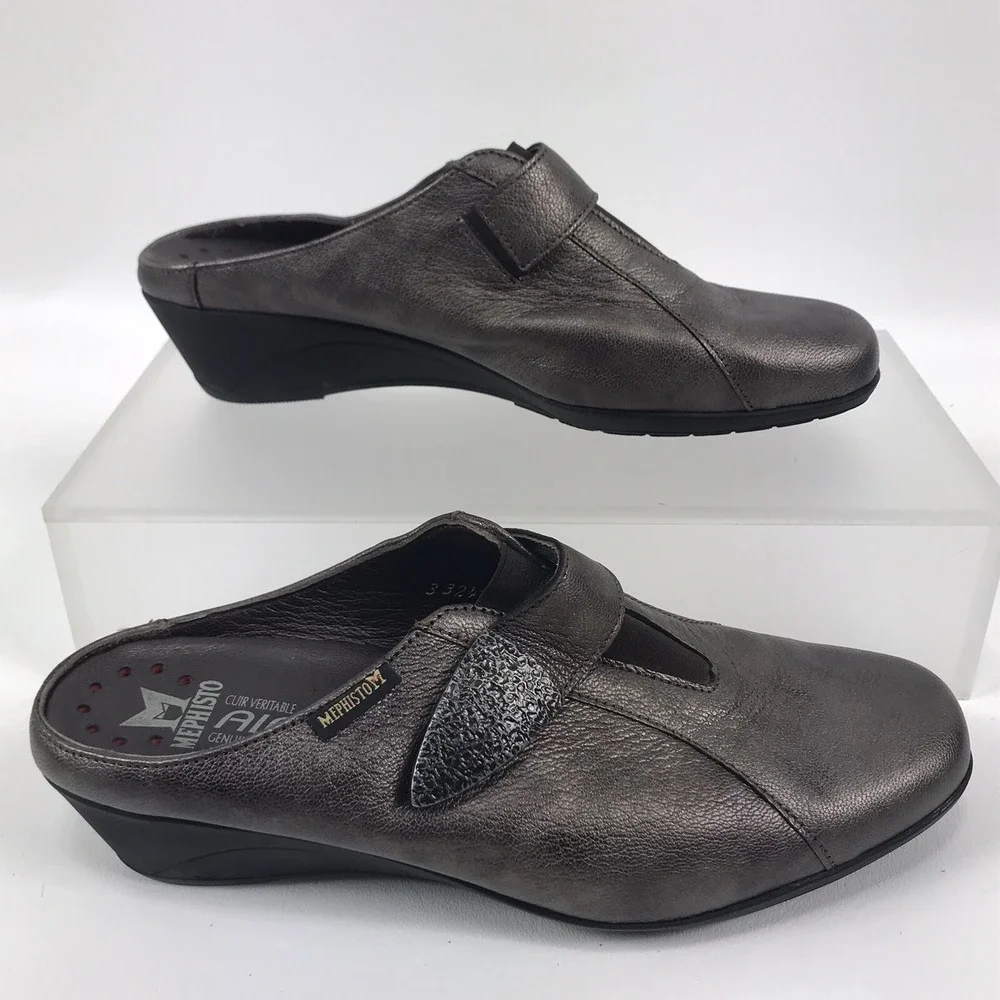MEPHISTO Metallic Leather Slip‎ On Air Jet Walking Wedge Slides Shoes Womens 8.5